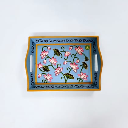 Hand painted pichwai art wooden sky blue color tray