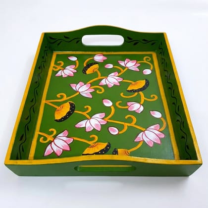 Hand painted pichwai art wooden green color tray