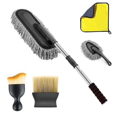 5 PCS Microfiber Car Duster Kit with Extendable Handle – Scratch-Free Car Cleaning Brush Set for Interior & Exterior, Lint-Free Dust Remover for Car, Bike & Home Use