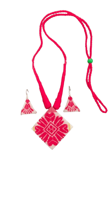 Assamese Handmade Woolen Thread Necklace and Earrings Jewelry Set (RED)