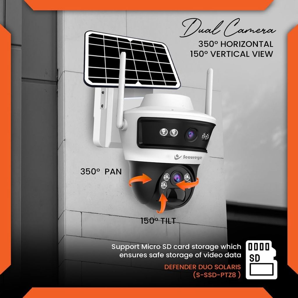 Secureye Defender Duo Solaris S-SSD-PTZ8 | 4G Solar PTZ Camera | 3MP+3MP Dual Lens | IP66 Weatherproof (Brand Warranty)