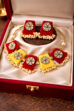 Red and Yellow Velvet Beaded Choker Necklace with Earrings Set
