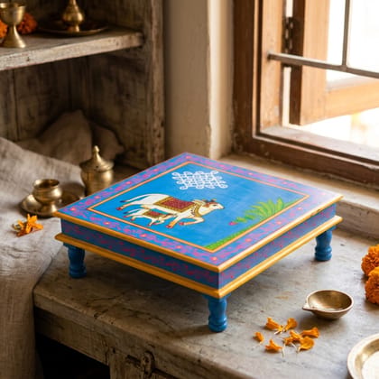 Hand painted cow & calf pichwai art sky blue color wooden chowki / Bajot