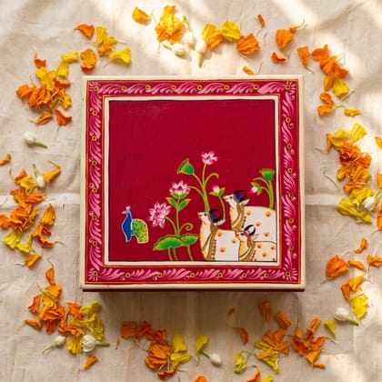 Hand painted pichwai art maroon color wooden chowki / Bajot