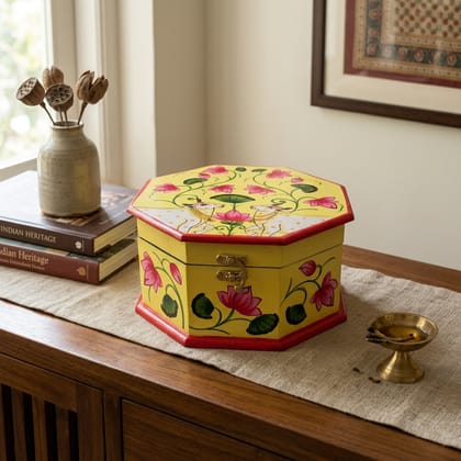 Hand Painted Pichwai Art Wooden Yellow Color Octagon shape Storage Box