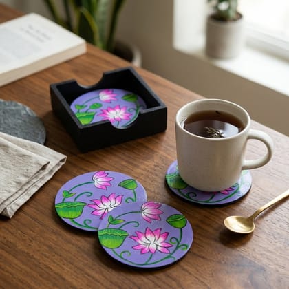 Hand Painted Wooden Pichwai Art Round Shape Purple Color Set of 4 Coasters With Resin Layer