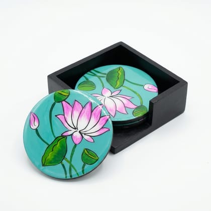 Hand Painted Wooden Single Lotus Pichwai Art Round Shape Sky Blue Color Set of 4 Coasters With Resin Layer