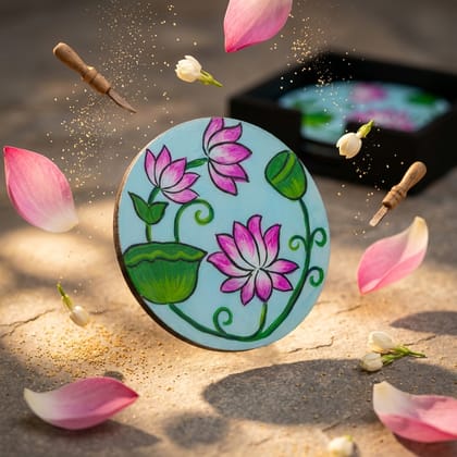Hand Painted Wooden Double Lotus Pichwai Art Round Shape Sky Blue Color Set of 4 Coasters With Resin Layer