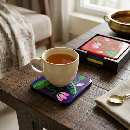 Hand Painted Wooden Pichwai Art Square Shape Multi Color Set of 4 Coasters With Resin Layer