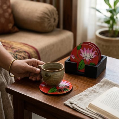 Hand Painted Wooden Pichwai Art Round Shape Red Color Set of 4 Coasters With Resin Layer
