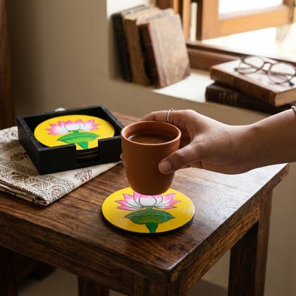 Hand Painted Wooden Pichwai Art Round Shape Yellow Color Set of 4 Coasters With Resin Layer