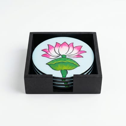 Hand Painted Wooden Large Lotus Pichwai Art Round Shape Sky Blue Color Set of 4 Coasters With Resin Layer