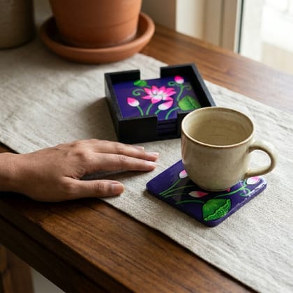 Hand Painted Wooden Pichwai Art Square Shape Violet Color Set of 4 Coasters With Resin Layer