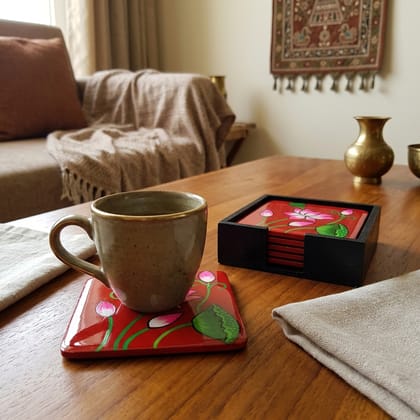 Hand Painted Wooden Pichwai Art Square Shape Red Color Set of 4 Coasters With Resin Layer