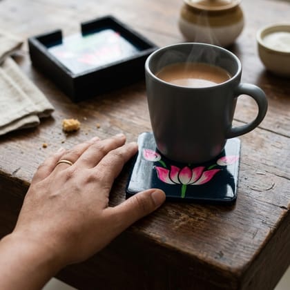 Hand Painted Wooden Pichwai Art Square Shape Dark Green Color Set of 4 Coasters With Resin Layer