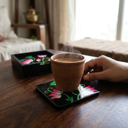 Hand Painted Wooden Pichwai Art Square Shape Black Color Set of 4 Coasters With Resin Layer