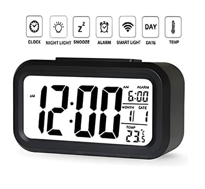 Plastic Digital Alarm Clock with Backlight – Battery Operated Smart Table Clock with Clear LCD Display, Automatic Sensor, Date, Time & Indoor Temperature – Compact Night Light Desk Clock for Bedroom & Office (Black)