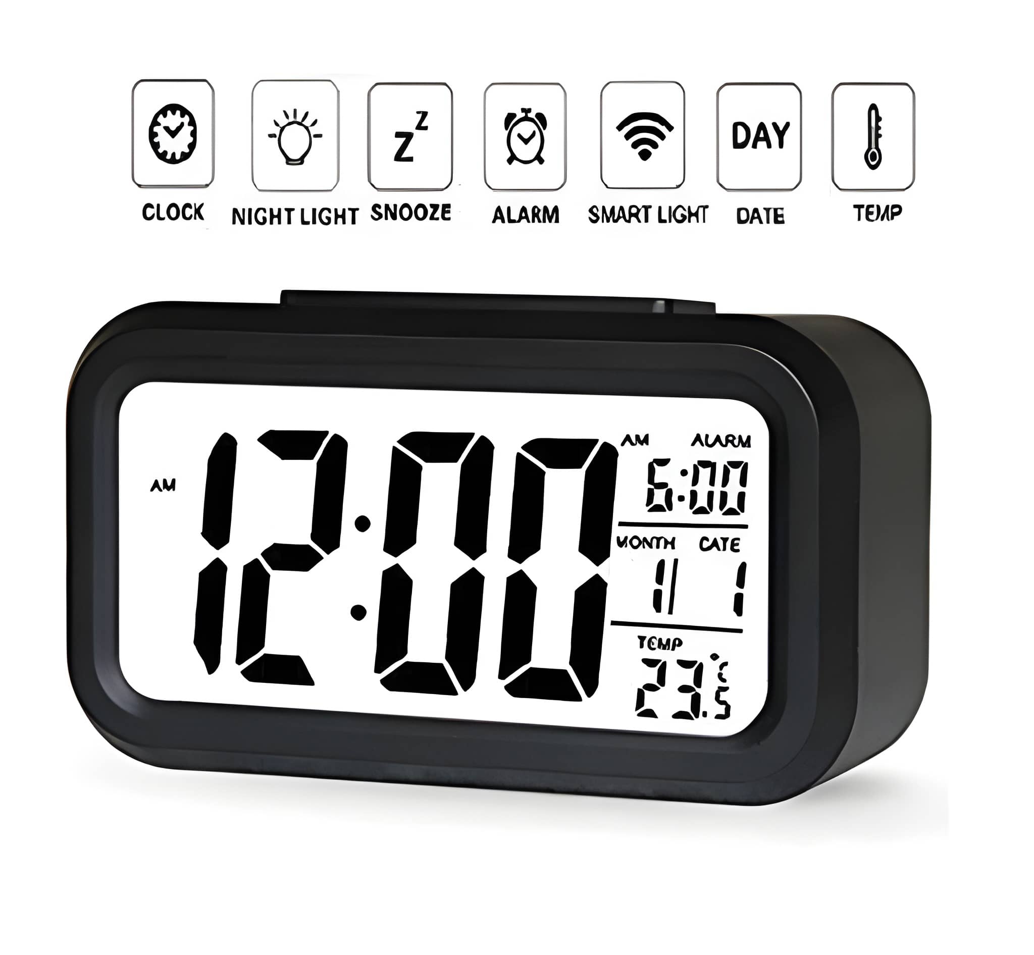 Plastic Digital Alarm Clock with Backlight – Battery Operated Smart Table Clock with Clear LCD Display, Automatic Sensor, Date, Time & Indoor Temperature – Compact Night Light Desk Clock for Bedroom & Office (Black)