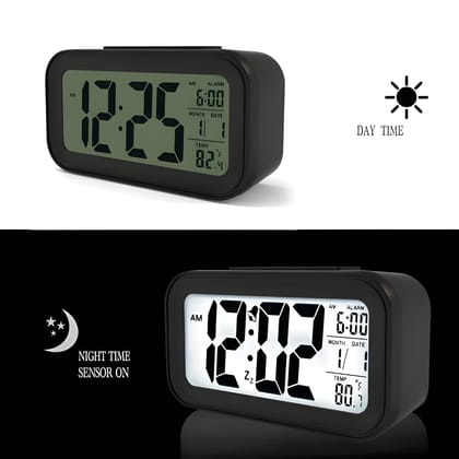 Plastic Digital Alarm Clock with Backlight – Battery Operated Smart Table Clock with Clear LCD Display, Automatic Sensor, Date, Time & Indoor Temperature – Compact Night Light Desk Clock for Bedroom & Office (Black)