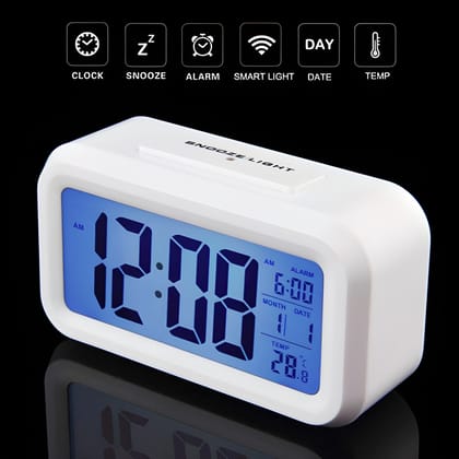 Mirror Finish Digital Alarm Clock with Dual Power – LED Display Smart Clock with Date, Day & Temperature, Automatic Sensor Backlight, Battery & USB Operated – Stylish Rectangle Desk Clock for Bedroom, Home & Office (White ABS)