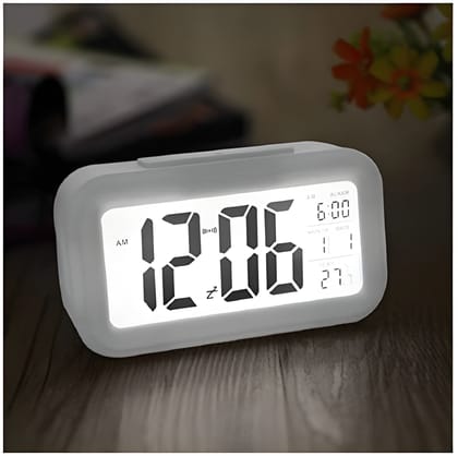Mirror Finish Digital Alarm Clock with Dual Power – LED Display Smart Clock with Date, Day & Temperature, Automatic Sensor Backlight, Battery & USB Operated – Stylish Rectangle Desk Clock for Bedroom, Home & Office (White ABS)