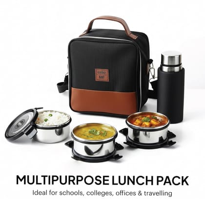 CELLO MF President Combo Stainless Steel Lunch Box with Bag, Black Leatherite | 3 x 300ml Round Steel Container, 1 x 450ml Steel Water Bottle | Airtight Clip Lock, Rust & Leakproof Office Tiffin Box