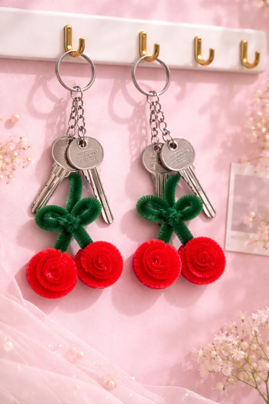 Handmade Cherry Pipe Cleaner Keychain Set