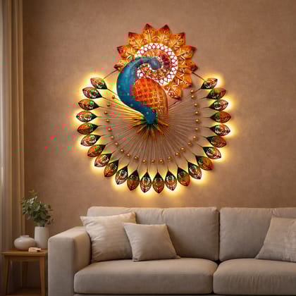 Handmade Decorative Metal Colorful Peacock with LED Light for Living room Decoration 32 x 30 Inch