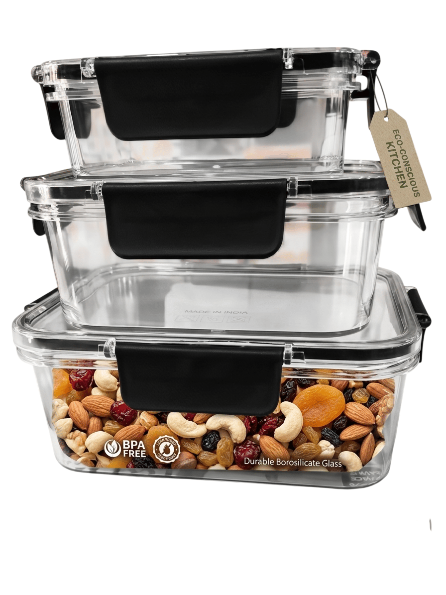 Feel Fresh Airtight Food Storage Container Set - 3 Piece Stackable BPA-Free Kitchen Organizer Box with Easy-Lock Lids (Clear, Unbreakable Plastic)