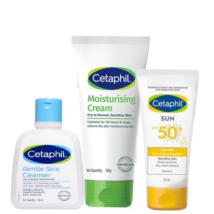Cetaphil Gentle Skin Cleanser (118ml) + Cetaphil Moisturising Cream(100 gm) + Cetaphil Sun SPF 50 Light Gel mineral base (50 ml) Pack of 3 Cetaphil Gentle Skin Cleanser (118ml) + Cetaphil Moisturising Cream(100 gm) + Cetaphil Sun SPF 50 Light Gel mineral base (50 ml) Pack of 3