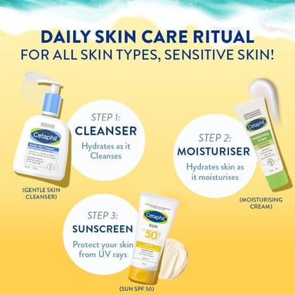 Cetaphil Gentle Skin Cleanser (118ml) + Cetaphil Moisturising Cream(100 gm) + Cetaphil Sun SPF 50 Light Gel mineral base (50 ml) Pack of 3