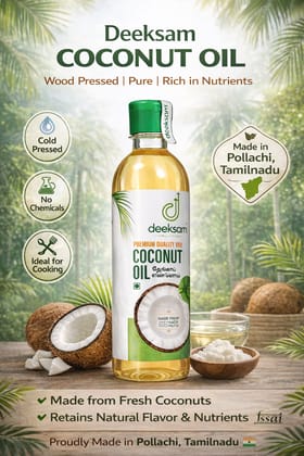 Deeksam Wood Pressed Coconut Oil | Pure Chekku Thengai Ennai | 100% Natural & Unrefined | Edible Grade | 500ML