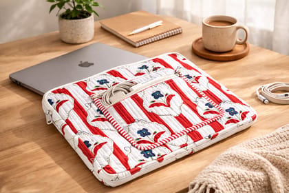 Amber Lines  Block Print Quilted  Cotton Laptop Sleeve With Front Pocket Red 10"X15"