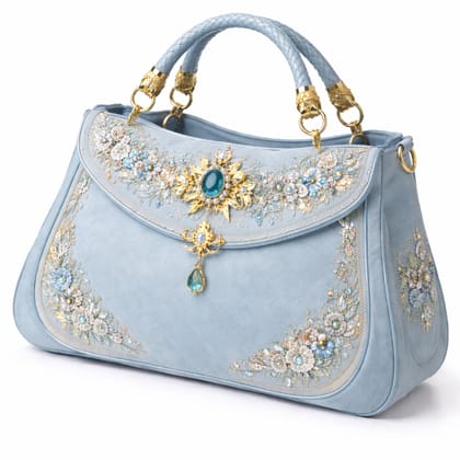Vintage Floral Embroidered Light Blue Handbag with Crystal Embellishments