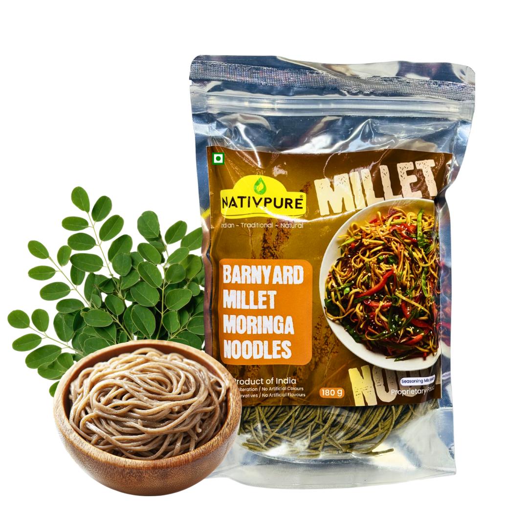 NATIVPURE Barnyard Millet Moringa Noodles | Quick Cook Millet Based Noodles with Moringa | Suitable for Snack or Meal Preparation with Seasoning and Vegetables - 180g
