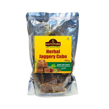 NATIVPURE Herbal Jaggery Cube | Solid Jaggery Blocks with Herbal Blend | Suitable for Sweetening Cooking and Traditional Recipes Rich Taste Easy to Use Cube Format - 500g