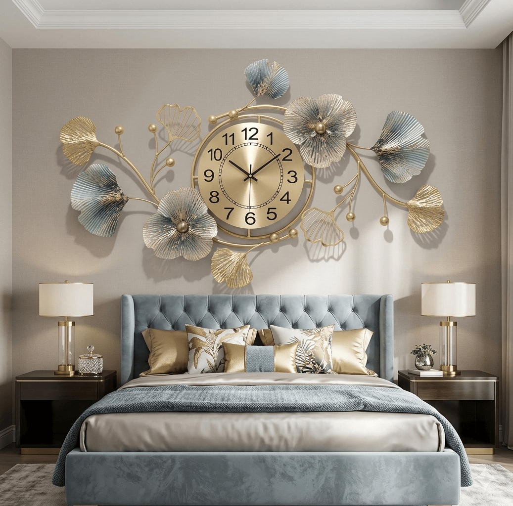 Modern Floral Wall Art Clock with Clock | 3D Metal Wall Decor | Luxury Living Room Wall Clock