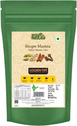 Golden Tips Ginger Chai Tea, Strong CTC Blend with Crushed Ginger, Spiced Masala chai for Digestion, Best with Milk, Ayurvedic Herbal chai, Bold & Aromatic Indian Tea (100 Gram, 50 cups)