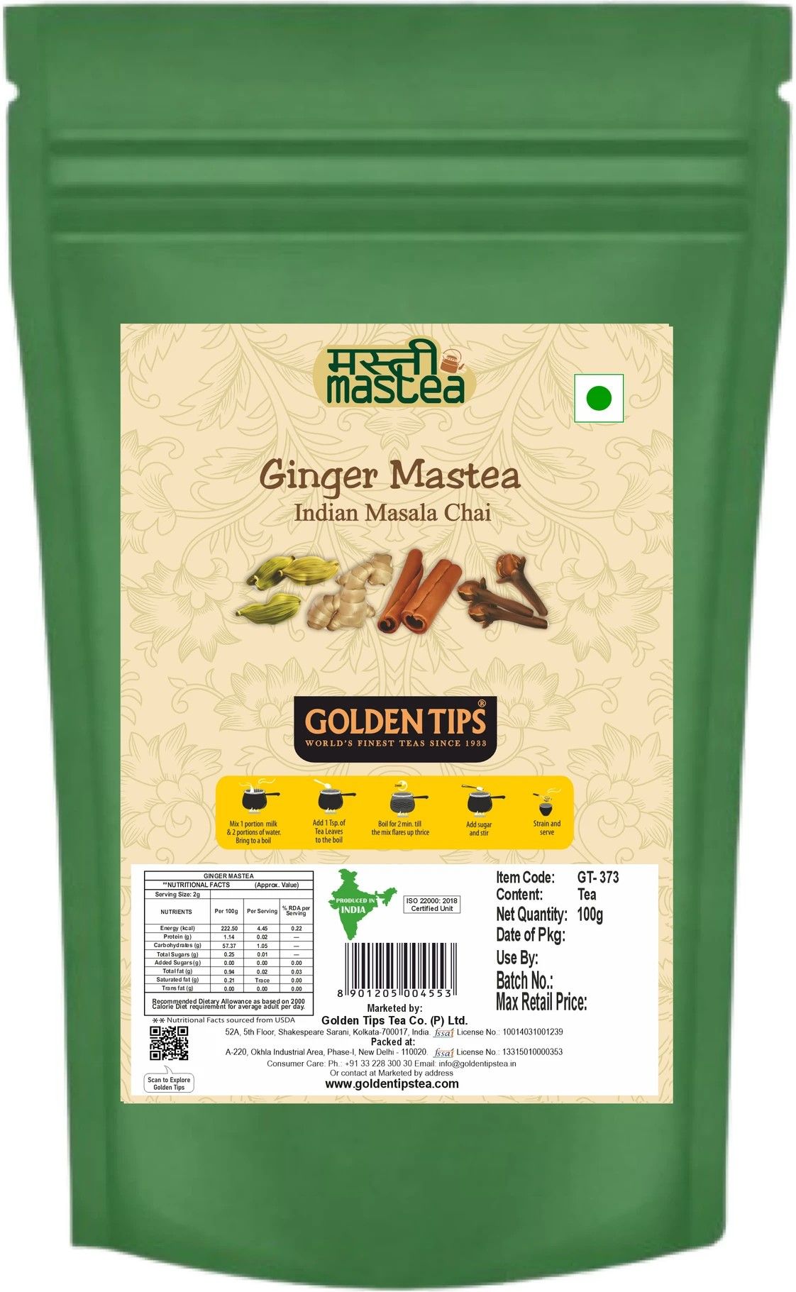Golden Tips Ginger Chai Tea, Strong CTC Blend with Crushed Ginger, Spiced Masala chai for Digestion, Best with Milk, Ayurvedic Herbal chai, Bold & Aromatic Indian Tea (100 Gram, 50 cups)