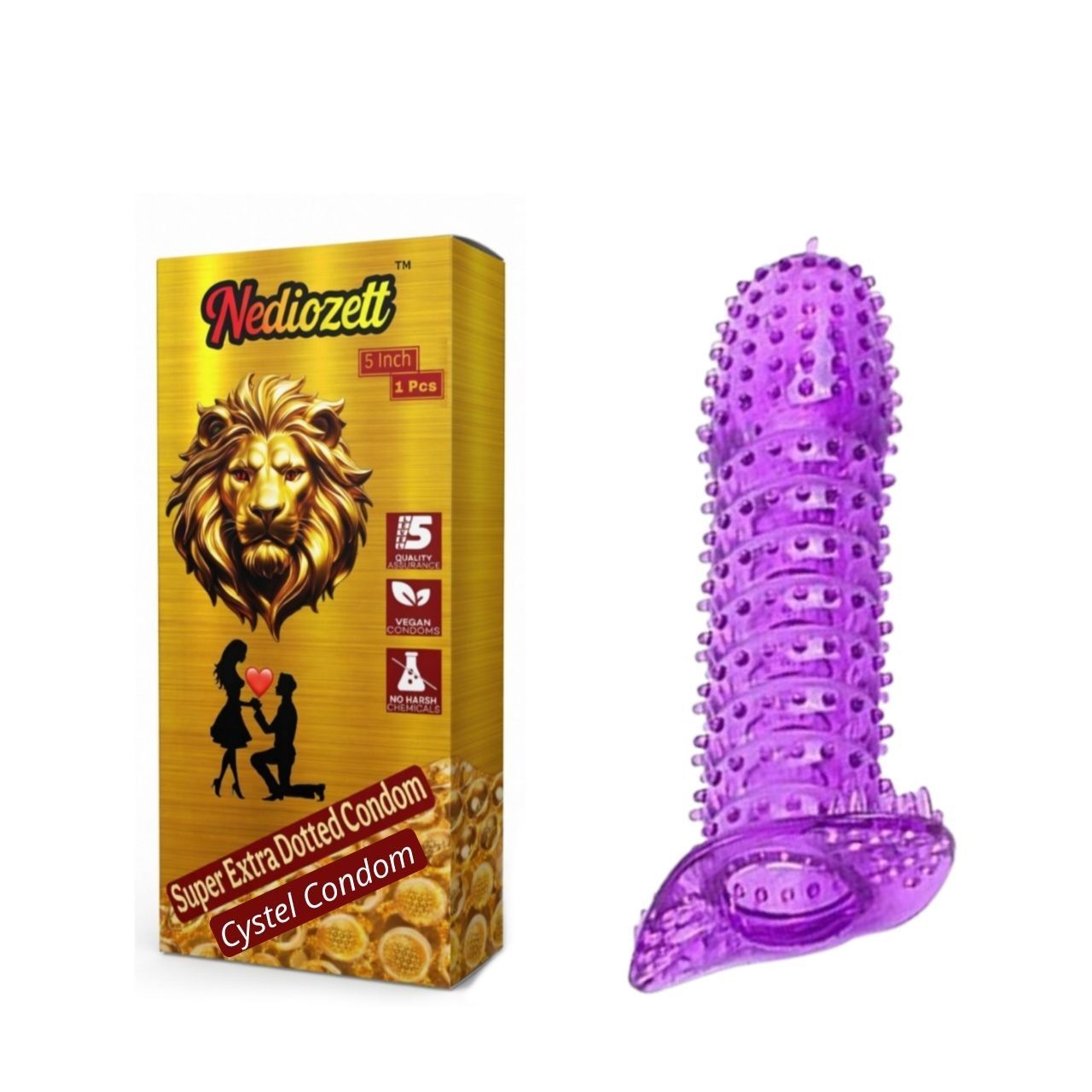 Nediozett Crystal Dotted Reusable For Long Last Action Condom Silicone Condom Extra Dotted Golden Series for More Extra Pleasure 5inch (Pack of 1)