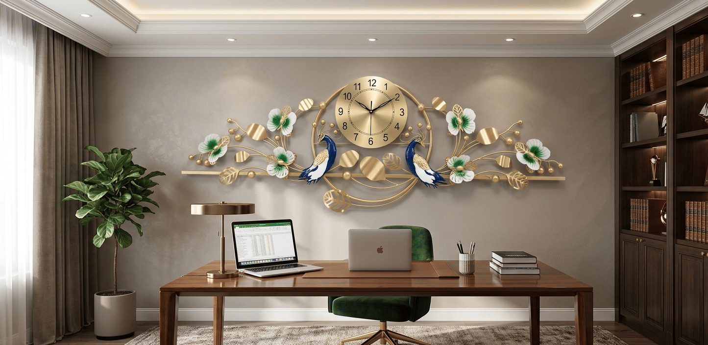 Wall Decorative Peacock Wall Art with Clock for Living Room / Office Room | Floral Decorative Wall Hanging