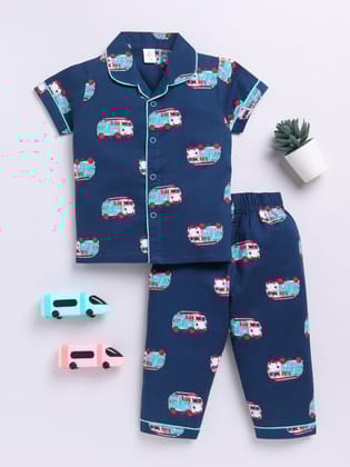 'Bus' Blue Cotton Short Sleeves Nightwear Set-6-9 m