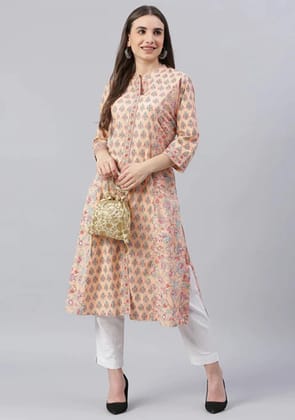 Peach Cotton A-line Kurta-XS