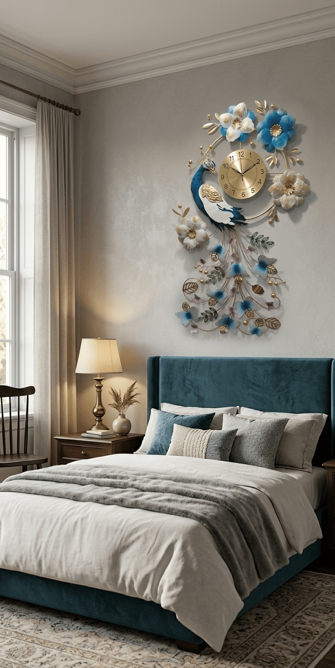 Peacock Wall Art with Clock for Living Room | Floral Decorative Wall Hanging