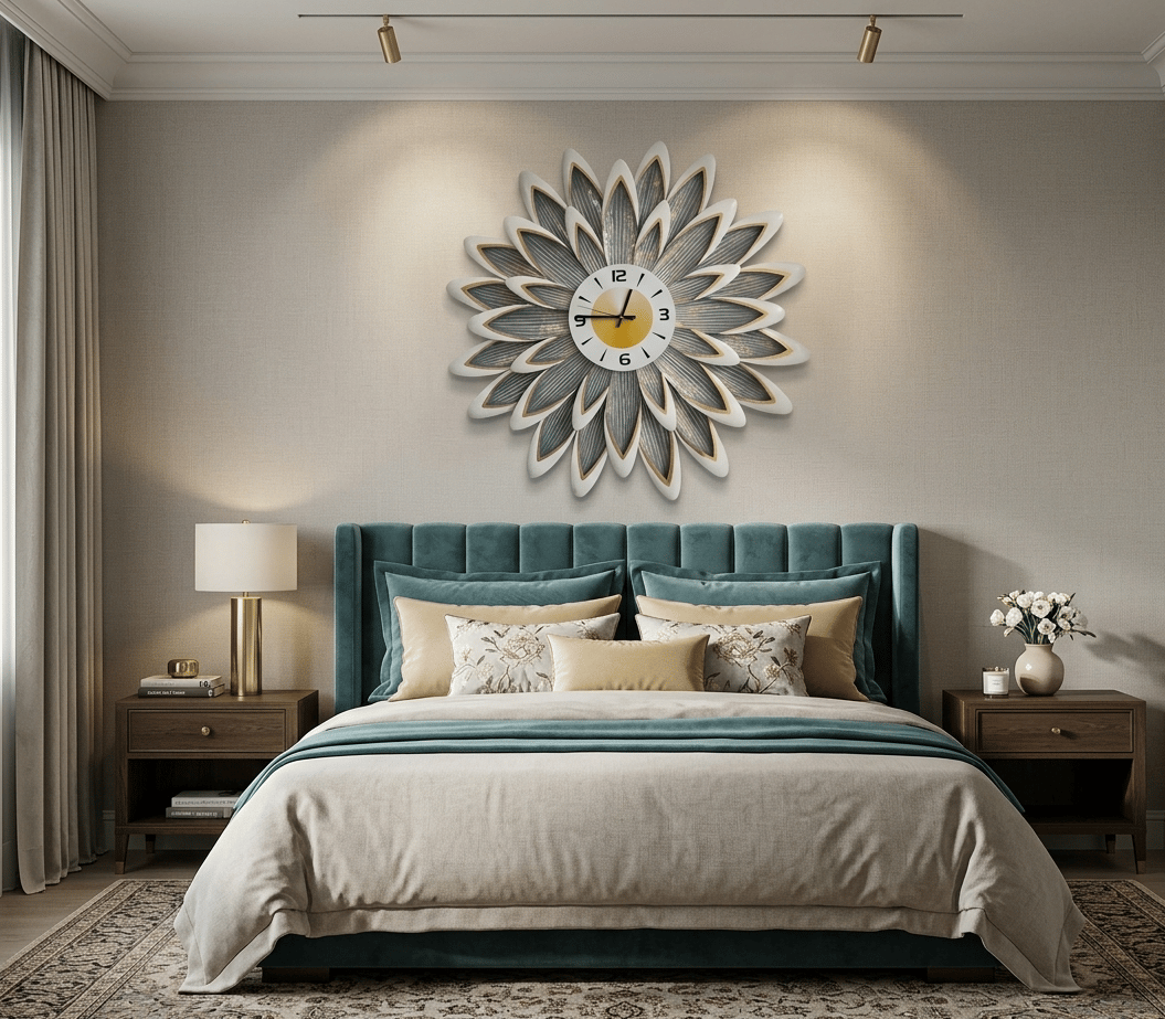 Luxury Flower Wall Clock Art – Modern 3D Floral Wall Decor for Living Room | Luxury Leaf Pattern Wall Clock 