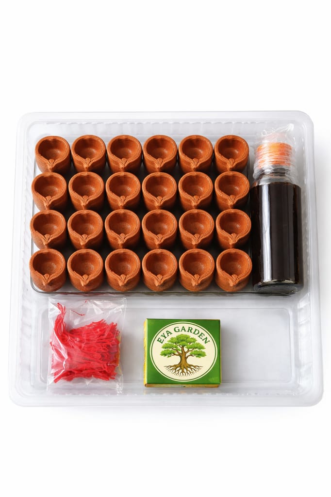 Mata Diya (30 Pcs) | Terracotta Diyas with Neem Oil, Red Wicks & Matchbox | Ready for Kali, Durga, Amman & Mataji Pooja