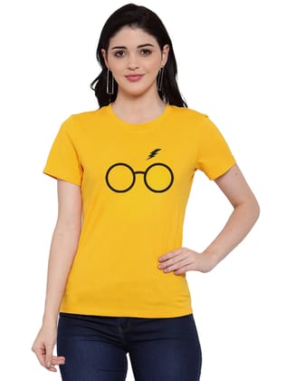 Women's Cotton Blend Centre Black Eye Glasses Line Art Printed T-Shirt XL (Yellow)