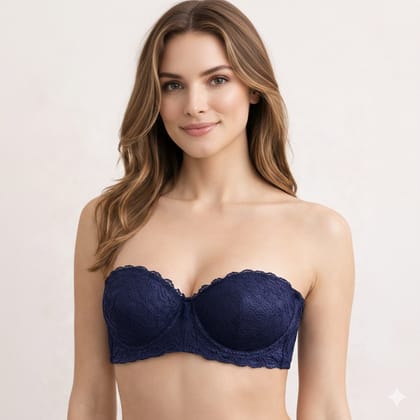Luv Mystery Women Strapless Lace padded Balconette Demi Cup Bra | Padded Underwired Multiway Tube Bra with Detachable Transparent Straps | Party & Off Shoulder Wear