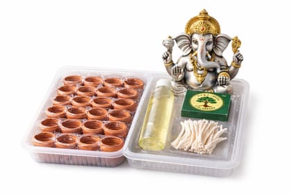 Lord Ganesh Diya Set (21 Pcs) Terracotta Diyas with Coconut Oil, Cotton Wicks & Matchbox for Vinayagar Pooja Lord Ganesh Diya Set (21 Pcs) Terracotta Diyas with Coconut Oil, Cotton Wicks & Matchbox for Vinayagar Pooja