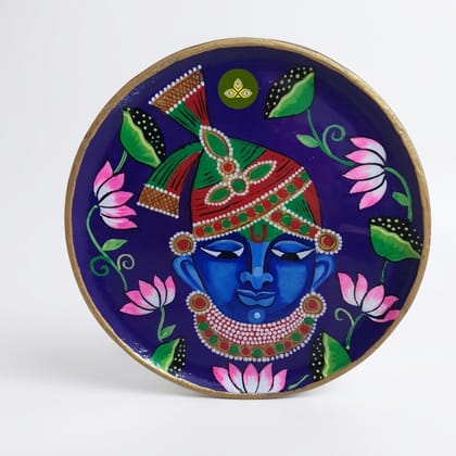 Hand Painted Wooden Shreenathji Mukharvind Pichwai Art Blue Color Wall Plate With Resin Layer